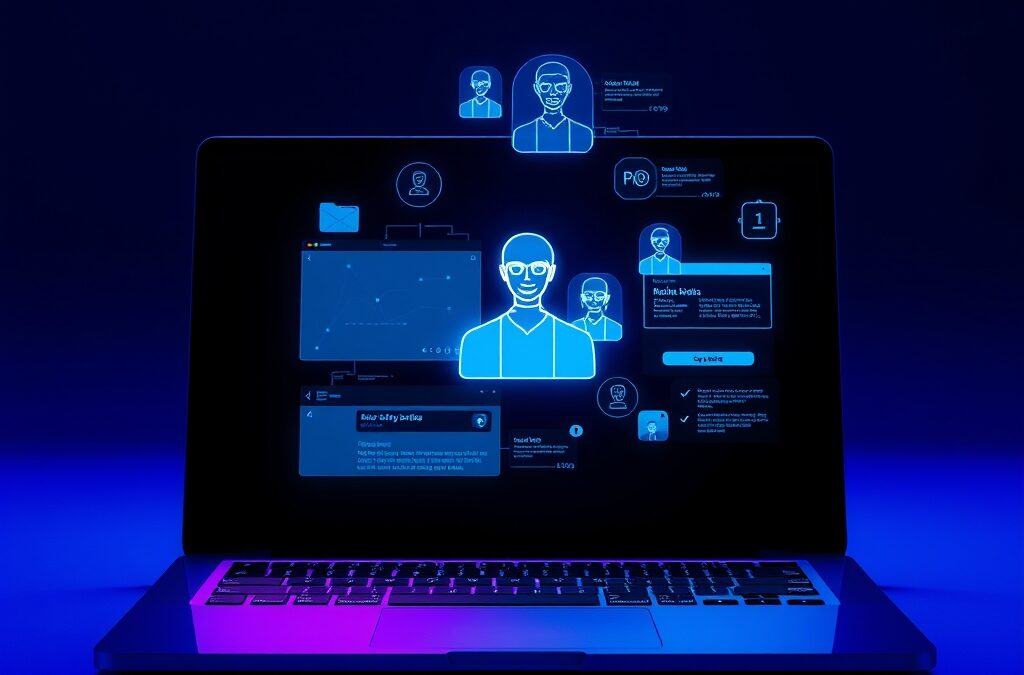 a sleek laptop with holographic AI assistant projecting from the screen showing floating interface elements, cinematic editorial photography, cyan neon and violet with blue highlights, no text no letters no words no writing no signs no labels no watermarks no logos no typography no numbers on surfaces