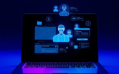 a sleek laptop with holographic AI assistant projecting from the screen showing floating interface elements, cinematic editorial photography, cyan neon and violet with blue highlights, no text no letters no words no writing no signs no labels no watermarks no logos no typography no numbers on surfaces