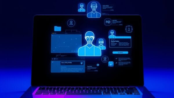 a sleek laptop with holographic AI assistant projecting from the screen showing floating interface elements, cinematic editorial photography, cyan neon and violet with blue highlights, no text no letters no words no writing no signs no labels no watermarks no logos no typography no numbers on surfaces