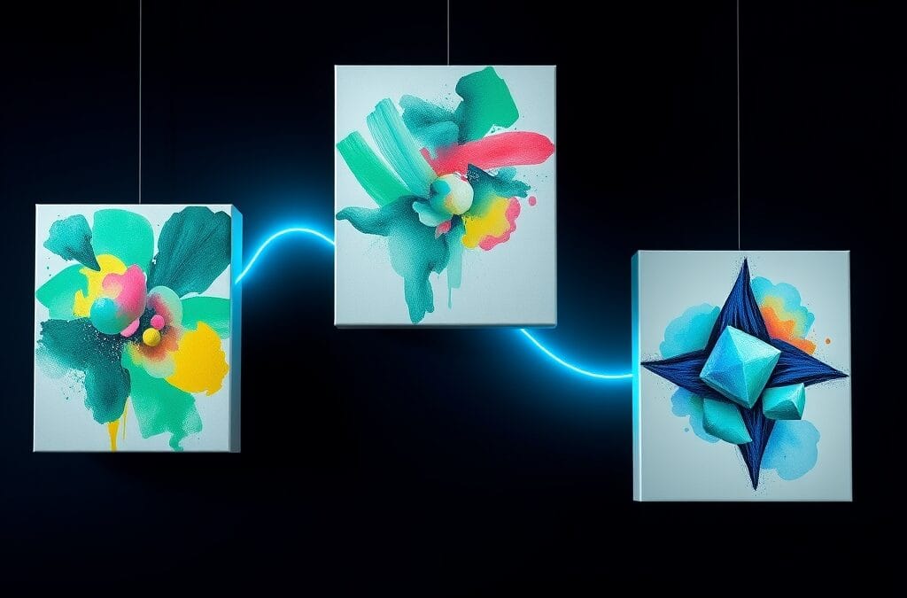 Illustration IA : trois toiles flottantes comparant Midjourney, DALL-E et Flux