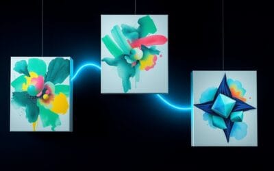 Illustration IA : trois toiles flottantes comparant Midjourney, DALL-E et Flux