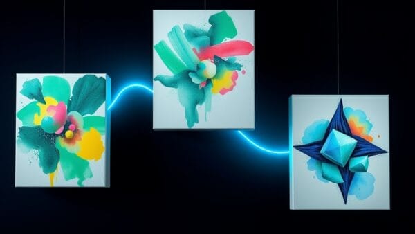 Illustration IA : trois toiles flottantes comparant Midjourney, DALL-E et Flux