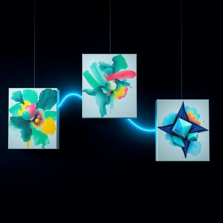 Illustration IA : trois toiles flottantes comparant Midjourney, DALL-E et Flux