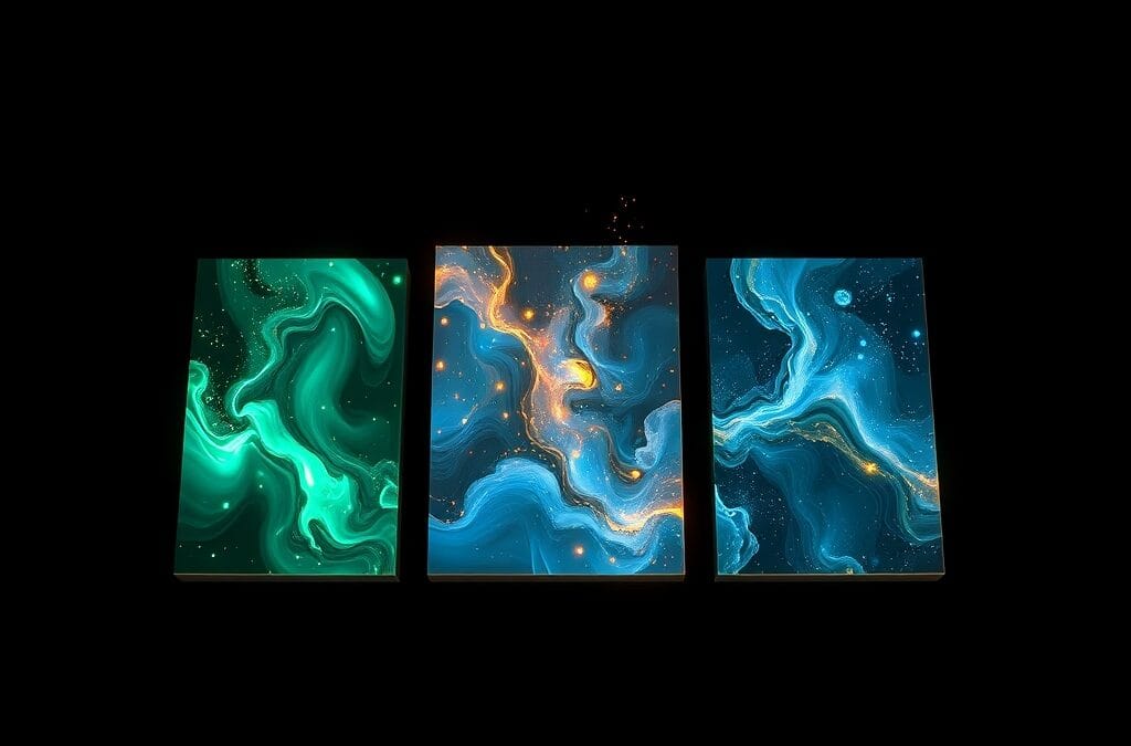 Illustration IA : trois toiles d'art IA comparant Midjourney, Firefly et Flux