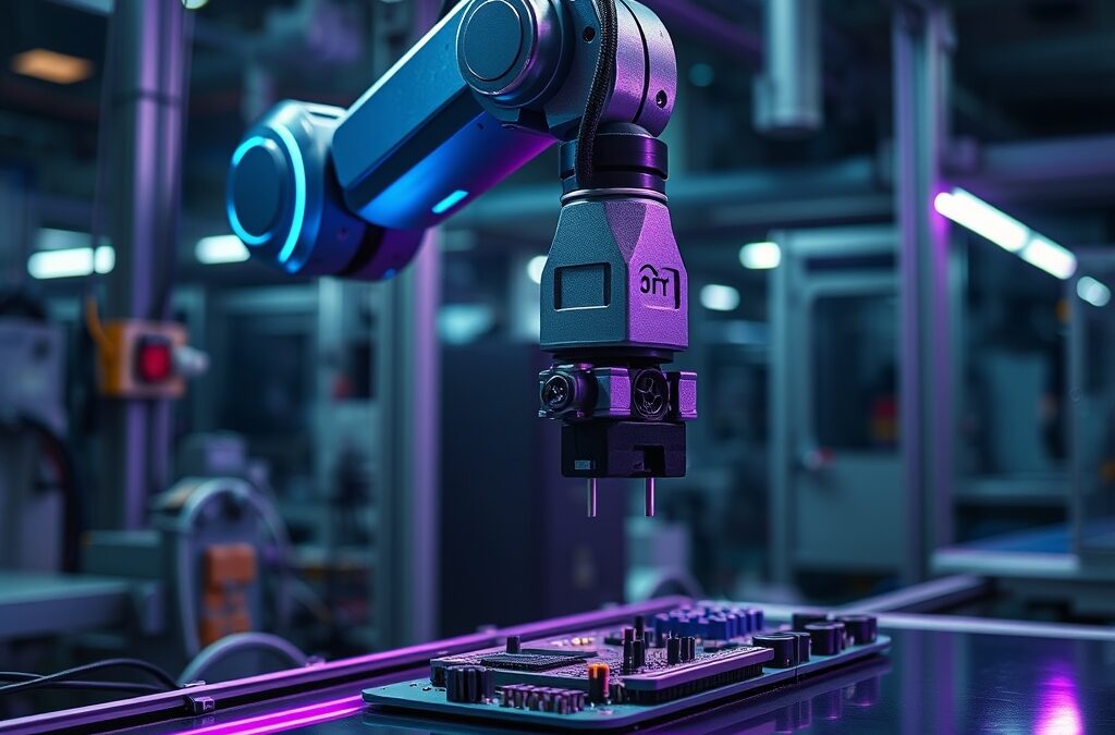 Industrial robotic arm performing precise assembly on a circuit board in a modern factory, steel blue metallic finish with cyan neon accent strips along the arm joints, violet ambient light reflecting off polished assembly line surface, shallow depth of field with sharp focus on gripper mechanism, dark atmospheric background with subtle lens flare, cinematic wide angle, no text no letters no words no characters no symbols no watermark