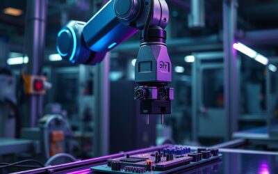 Industrial robotic arm performing precise assembly on a circuit board in a modern factory, steel blue metallic finish with cyan neon accent strips along the arm joints, violet ambient light reflecting off polished assembly line surface, shallow depth of field with sharp focus on gripper mechanism, dark atmospheric background with subtle lens flare, cinematic wide angle, no text no letters no words no characters no symbols no watermark