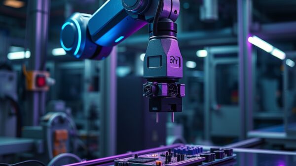 Industrial robotic arm performing precise assembly on a circuit board in a modern factory, steel blue metallic finish with cyan neon accent strips along the arm joints, violet ambient light reflecting off polished assembly line surface, shallow depth of field with sharp focus on gripper mechanism, dark atmospheric background with subtle lens flare, cinematic wide angle, no text no letters no words no characters no symbols no watermark