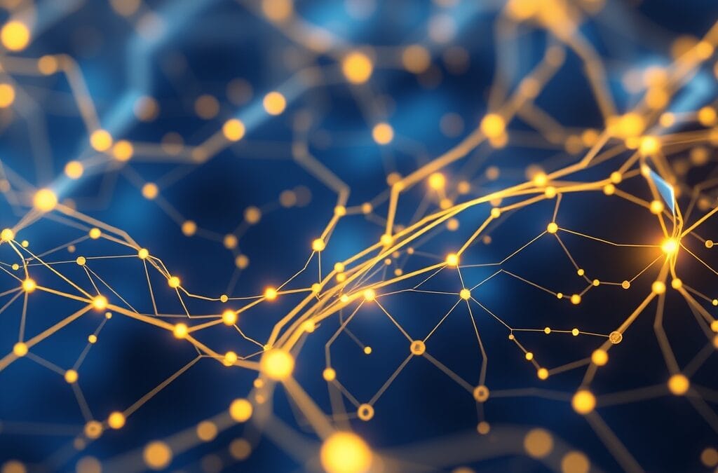 Abstract neural network nodes with China-style minimalist design, flowing data streams in blue and gold, technology infrastructure aesthetic, cinematic modern design, no text, no letters, no words, no writing, no signs, no labels, no watermarks, no logos, no typography, no numbers on surfaces