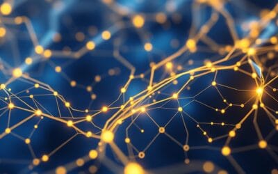 Abstract neural network nodes with China-style minimalist design, flowing data streams in blue and gold, technology infrastructure aesthetic, cinematic modern design, no text, no letters, no words, no writing, no signs, no labels, no watermarks, no logos, no typography, no numbers on surfaces