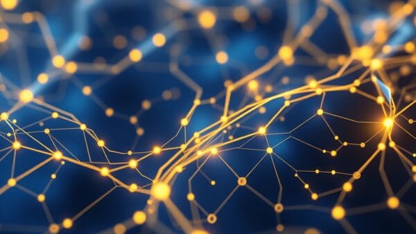 Abstract neural network nodes with China-style minimalist design, flowing data streams in blue and gold, technology infrastructure aesthetic, cinematic modern design, no text, no letters, no words, no writing, no signs, no labels, no watermarks, no logos, no typography, no numbers on surfaces