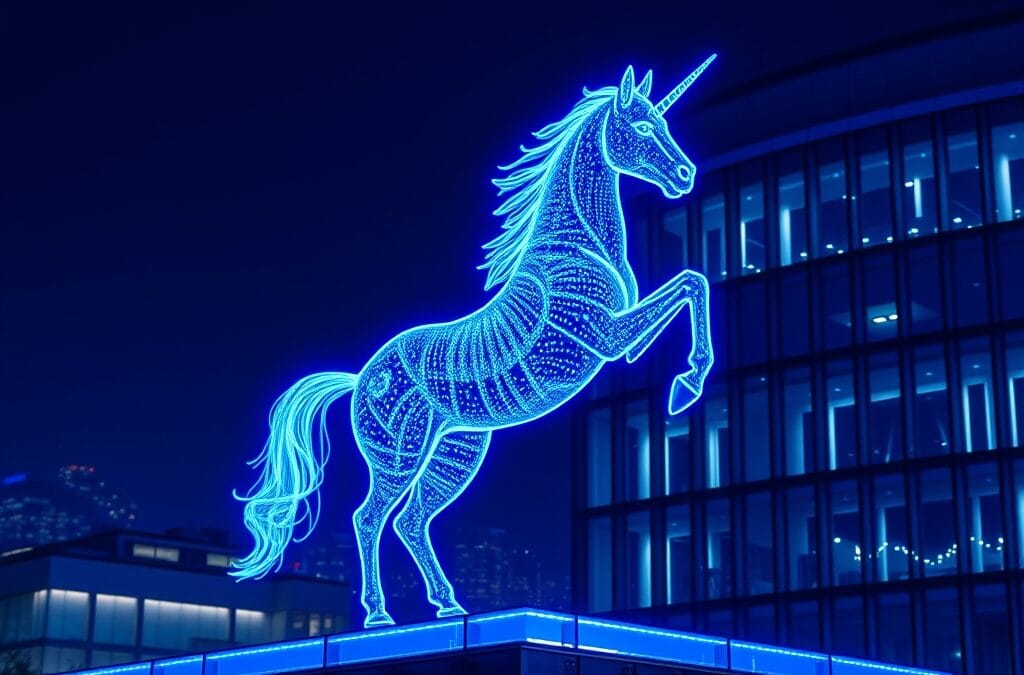 Illustration IA : campus tech français avec licorne holographique Mistral AI