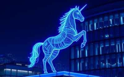Illustration IA : campus tech français avec licorne holographique Mistral AI