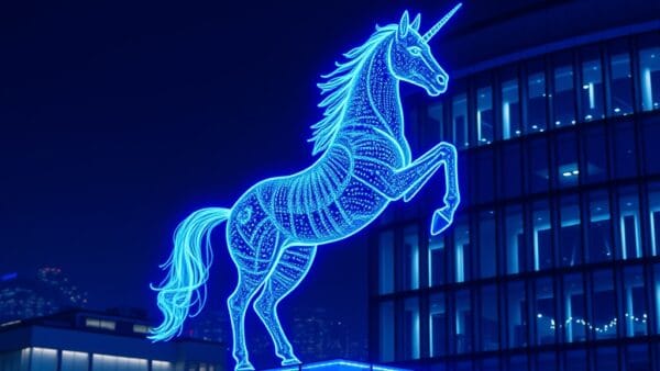 Illustration IA : campus tech français avec licorne holographique Mistral AI