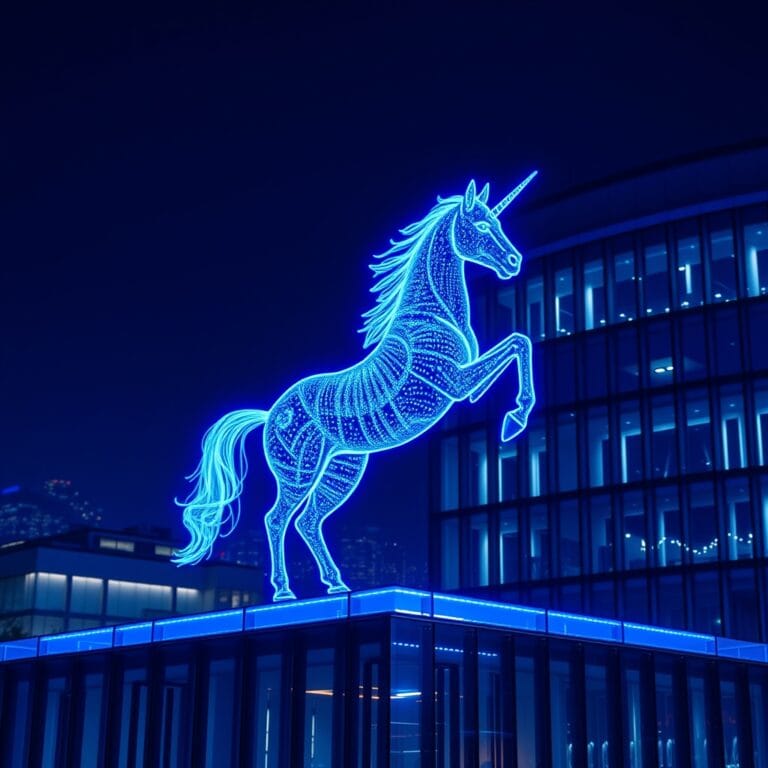 Illustration IA : campus tech français avec licorne holographique Mistral AI