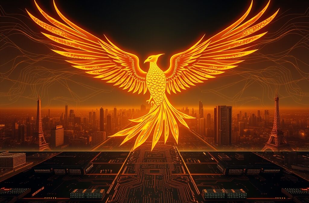 a radiant golden phoenix rising from a circuit board landscape with the silhouette of Paris skyline, cinematic editorial photography, dark navy with gold and amber warm tones, no text no letters no words no writing no signs no labels no watermarks no logos no typography no numbers on surfaces