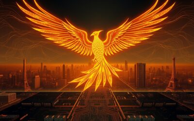a radiant golden phoenix rising from a circuit board landscape with the silhouette of Paris skyline, cinematic editorial photography, dark navy with gold and amber warm tones, no text no letters no words no writing no signs no labels no watermarks no logos no typography no numbers on surfaces