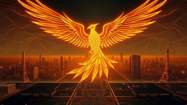 a radiant golden phoenix rising from a circuit board landscape with the silhouette of Paris skyline, cinematic editorial photography, dark navy with gold and amber warm tones, no text no letters no words no writing no signs no labels no watermarks no logos no typography no numbers on surfaces