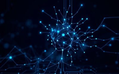 Cinematic editorial illustration of AI model training and customization, dark navy and blue palette, abstract neural networks and data flows, European tech symbolism, no text no letters no words no writing no signs no labels no watermarks no logos no typography no numbers on surfaces