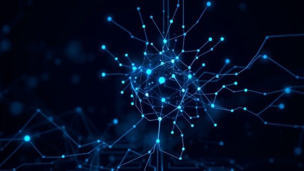 Cinematic editorial illustration of AI model training and customization, dark navy and blue palette, abstract neural networks and data flows, European tech symbolism, no text no letters no words no writing no signs no labels no watermarks no logos no typography no numbers on surfaces