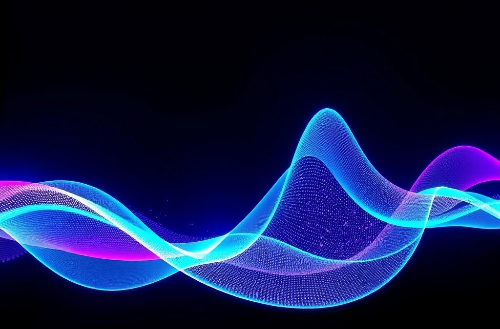 Abstract sound waves visualization, flowing luminous cyan and violet ribbons undulating through dark space, representing voice synthesis technology, particles of light dispersing from wave crests, deep navy background with neon purple and cyan accents, cinematic editorial photography, futuristic atmosphere, subject in upper two-thirds, no text, no letters, no words, no writing, no signs, no labels, no watermarks, no logos, no typography, no numbers on surfaces