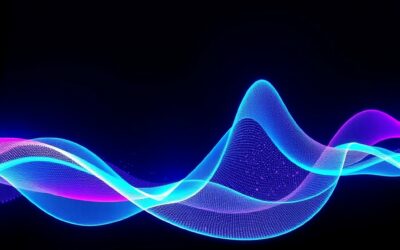 Abstract sound waves visualization, flowing luminous cyan and violet ribbons undulating through dark space, representing voice synthesis technology, particles of light dispersing from wave crests, deep navy background with neon purple and cyan accents, cinematic editorial photography, futuristic atmosphere, subject in upper two-thirds, no text, no letters, no words, no writing, no signs, no labels, no watermarks, no logos, no typography, no numbers on surfaces