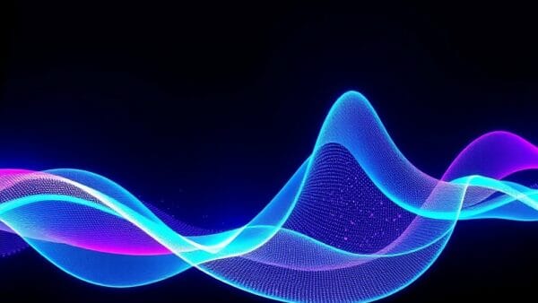 Abstract sound waves visualization, flowing luminous cyan and violet ribbons undulating through dark space, representing voice synthesis technology, particles of light dispersing from wave crests, deep navy background with neon purple and cyan accents, cinematic editorial photography, futuristic atmosphere, subject in upper two-thirds, no text, no letters, no words, no writing, no signs, no labels, no watermarks, no logos, no typography, no numbers on surfaces