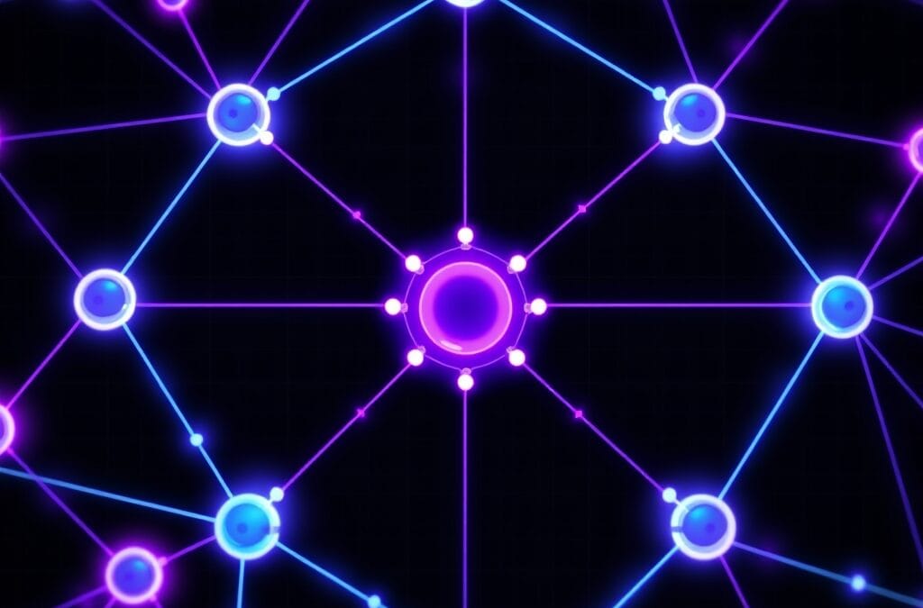Abstract network of glowing interconnected nodes forming a protocol diagram, luminous purple and blue connections radiating from a central hub, dark background with subtle grid pattern, no text no letters no words no numbers, modern tech infrastructure editorial illustration