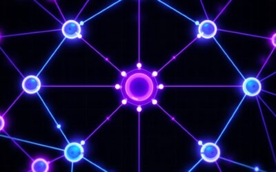 Abstract network of glowing interconnected nodes forming a protocol diagram, luminous purple and blue connections radiating from a central hub, dark background with subtle grid pattern, no text no letters no words no numbers, modern tech infrastructure editorial illustration
