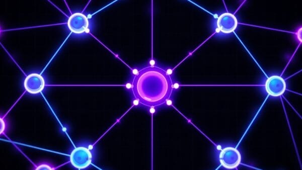 Abstract network of glowing interconnected nodes forming a protocol diagram, luminous purple and blue connections radiating from a central hub, dark background with subtle grid pattern, no text no letters no words no numbers, modern tech infrastructure editorial illustration