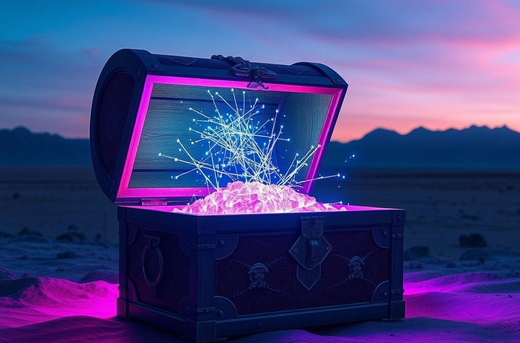 an open treasure chest releasing thousands of glowing data particles into a vast open landscape with mountains, cinematic editorial photography, cyan neon and violet palette, no text no letters no words no writing no signs no labels no watermarks no logos no typography no numbers on surfaces
