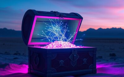 an open treasure chest releasing thousands of glowing data particles into a vast open landscape with mountains, cinematic editorial photography, cyan neon and violet palette, no text no letters no words no writing no signs no labels no watermarks no logos no typography no numbers on surfaces