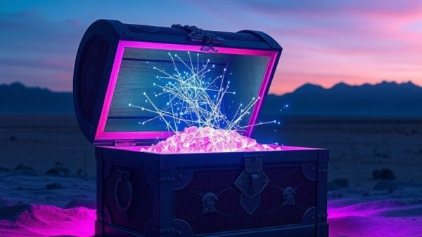an open treasure chest releasing thousands of glowing data particles into a vast open landscape with mountains, cinematic editorial photography, cyan neon and violet palette, no text no letters no words no writing no signs no labels no watermarks no logos no typography no numbers on surfaces