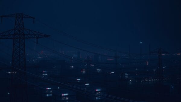 cinematic editorial dark navy blue financial market aesthetic, power grids, infrastructure, energy flows, investment growth visualizations, modern economic systems, no text no letters no words no writing no signs no labels no watermarks no logos no typography no numbers on surfaces