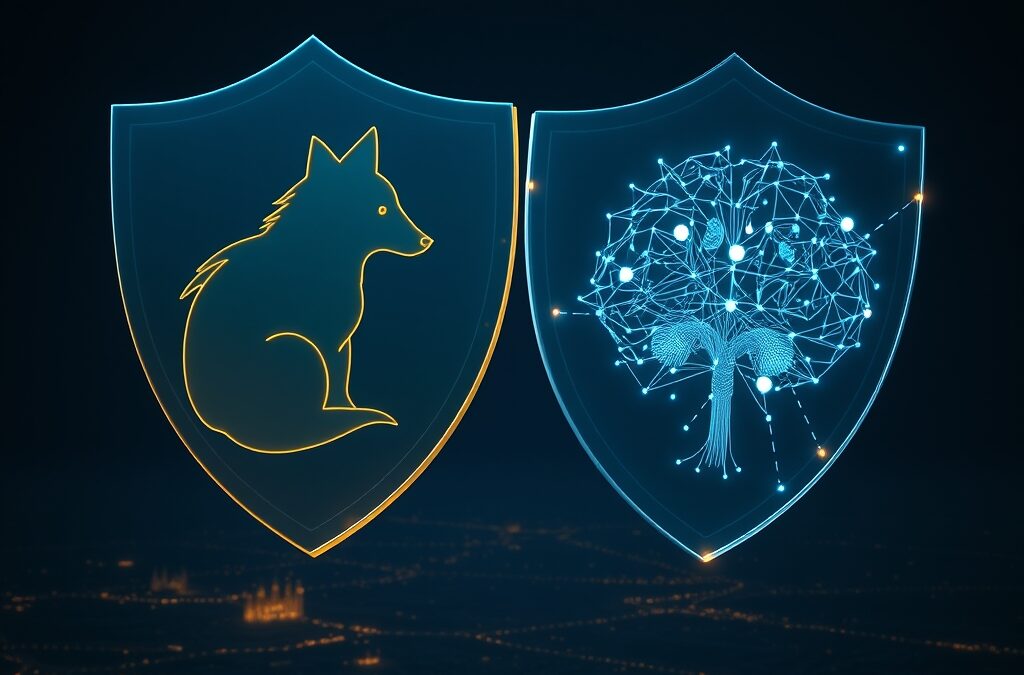 Two giant translucent shields merging together over a digital landscape, one shield bearing the shape of a fox silhouette and the other an abstract brain network, representing open source AI sovereignty, European and Canadian landmarks subtly visible below as tiny silhouettes, institutional blue and gold color palette, glowing particles of shared knowledge flowing between the shields, cinematic editorial photography, dark navy background, no text, no letters, no words, no writing, no signs, no labels, no watermarks, no logos, no typography, no numbers on surfaces