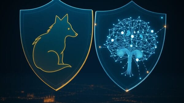 Two giant translucent shields merging together over a digital landscape, one shield bearing the shape of a fox silhouette and the other an abstract brain network, representing open source AI sovereignty, European and Canadian landmarks subtly visible below as tiny silhouettes, institutional blue and gold color palette, glowing particles of shared knowledge flowing between the shields, cinematic editorial photography, dark navy background, no text, no letters, no words, no writing, no signs, no labels, no watermarks, no logos, no typography, no numbers on surfaces