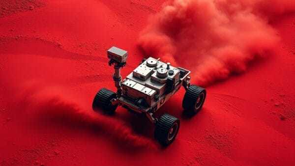 Mars rover driving across red dusty terrain, swirling dust clouds, aerial view of path, binary neural network overlay, deep red and blue sci-fi aesthetic, cinematic space photography, no text, no letters, no words, no writing, no signs, no labels, no watermarks, no logos, no typography, no numbers on surfaces