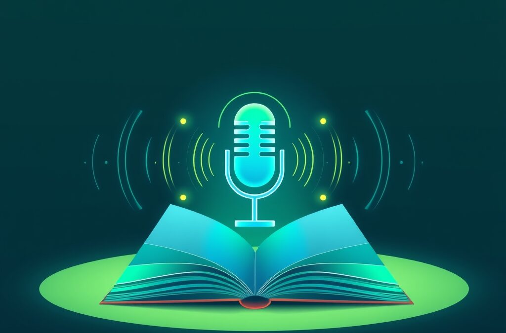 Abstract digital illustration of an open glowing notebook with sound waves emanating from it transforming into a podcast microphone shape, emerald green and electric blue color palette, geometric patterns, soft gradient background from dark teal to midnight blue, no text no letters no words no typography, modern flat design, clean composition