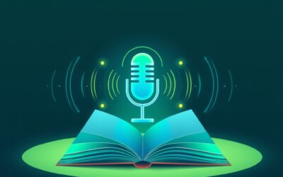 Abstract digital illustration of an open glowing notebook with sound waves emanating from it transforming into a podcast microphone shape, emerald green and electric blue color palette, geometric patterns, soft gradient background from dark teal to midnight blue, no text no letters no words no typography, modern flat design, clean composition