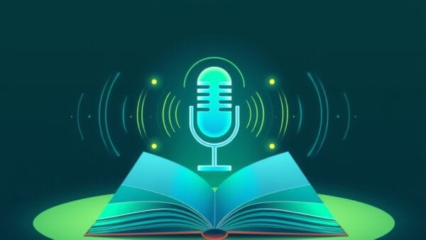 Abstract digital illustration of an open glowing notebook with sound waves emanating from it transforming into a podcast microphone shape, emerald green and electric blue color palette, geometric patterns, soft gradient background from dark teal to midnight blue, no text no letters no words no typography, modern flat design, clean composition