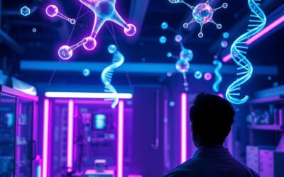 A futuristic pharmaceutical laboratory with glowing molecular structures floating in mid-air above advanced equipment, a silhouette of a scientist from behind observing holographic DNA helixes and drug compound visualizations, cinematic editorial photography, cyan neon and violet palette with dark navy background, composition focused on upper two thirds with scientist in lower portion, no text, no letters, no words, no writing, no signs, no labels, no watermarks, no logos, no typography, no numbers on surfaces