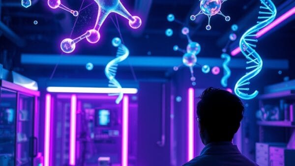 A futuristic pharmaceutical laboratory with glowing molecular structures floating in mid-air above advanced equipment, a silhouette of a scientist from behind observing holographic DNA helixes and drug compound visualizations, cinematic editorial photography, cyan neon and violet palette with dark navy background, composition focused on upper two thirds with scientist in lower portion, no text, no letters, no words, no writing, no signs, no labels, no watermarks, no logos, no typography, no numbers on surfaces