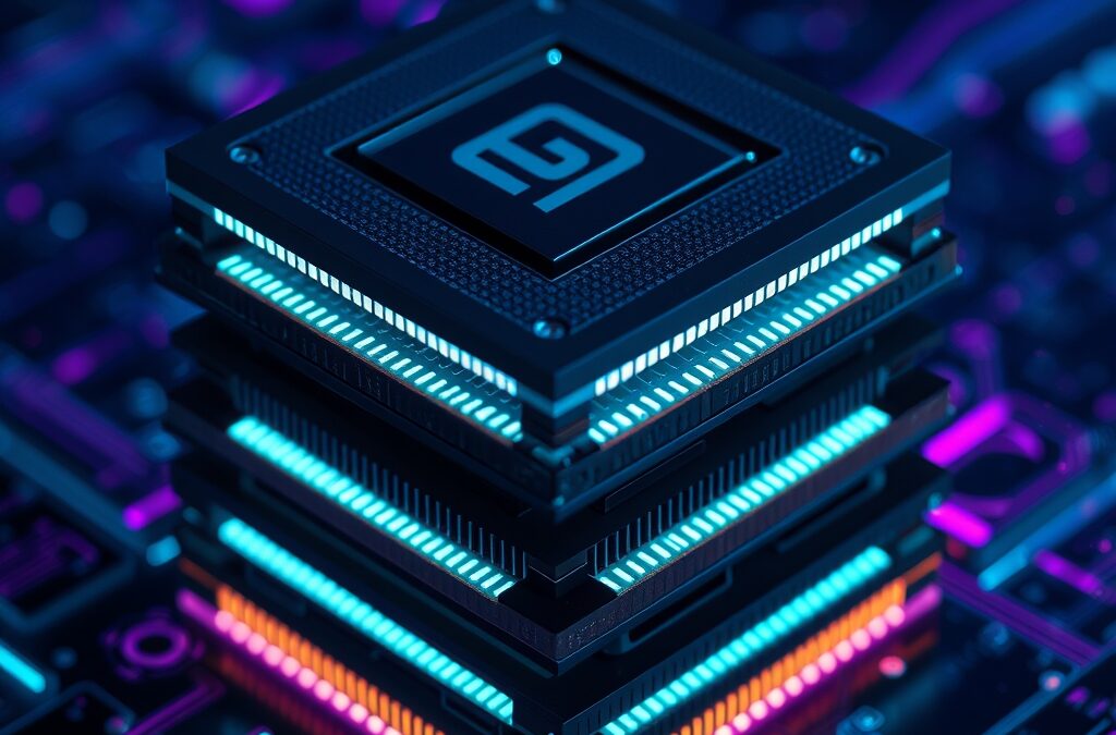 A massive GPU chip rendered in macro photography style, layers of silicon dies stacked vertically with glowing cyan neon circuits between layers, dark navy background with violet and cyan electric accents, particle effects emanating from chip surface, cinematic editorial product photography, extreme close-up, subject in upper two-thirds, no text, no letters, no words, no writing, no signs, no labels, no watermarks, no logos, no typography, no numbers on surfaces