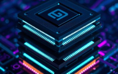 A massive GPU chip rendered in macro photography style, layers of silicon dies stacked vertically with glowing cyan neon circuits between layers, dark navy background with violet and cyan electric accents, particle effects emanating from chip surface, cinematic editorial product photography, extreme close-up, subject in upper two-thirds, no text, no letters, no words, no writing, no signs, no labels, no watermarks, no logos, no typography, no numbers on surfaces