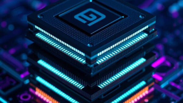 A massive GPU chip rendered in macro photography style, layers of silicon dies stacked vertically with glowing cyan neon circuits between layers, dark navy background with violet and cyan electric accents, particle effects emanating from chip surface, cinematic editorial product photography, extreme close-up, subject in upper two-thirds, no text, no letters, no words, no writing, no signs, no labels, no watermarks, no logos, no typography, no numbers on surfaces