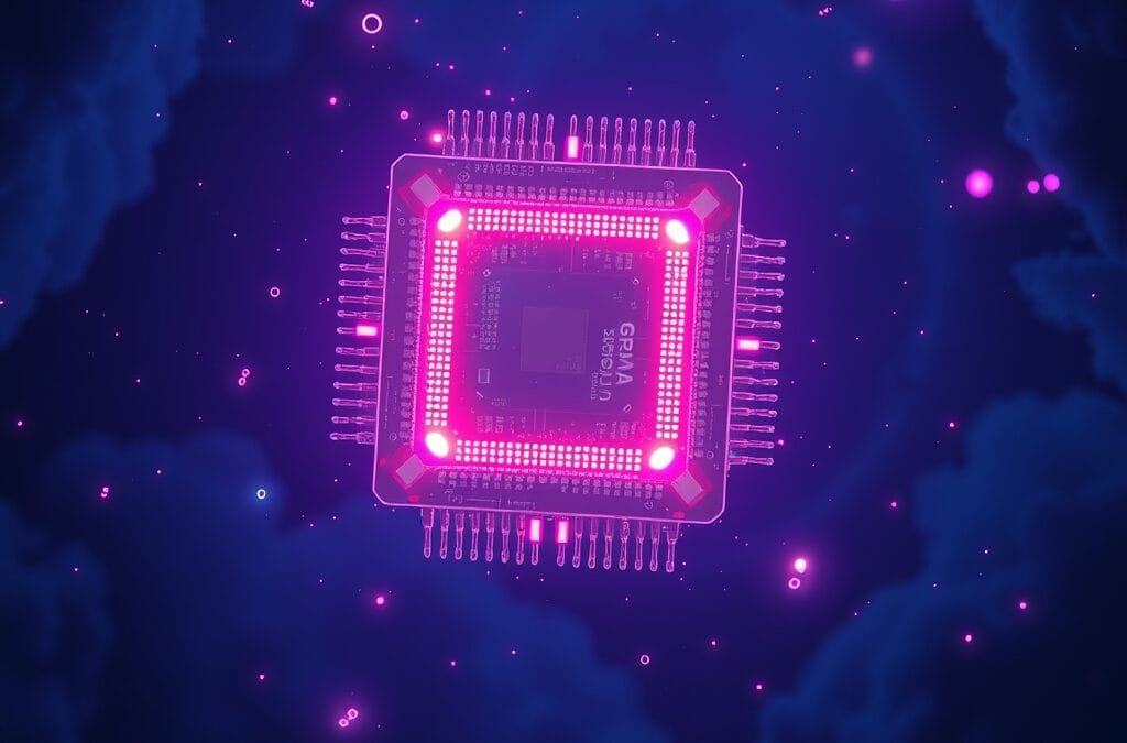 Illustration IA : puce géante flottante représentant NVIDIA Feynman 1nm