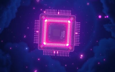 Illustration IA : puce géante flottante représentant NVIDIA Feynman 1nm