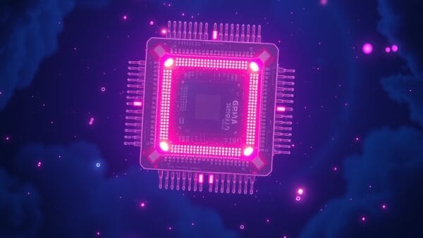 Illustration IA : puce géante flottante représentant NVIDIA Feynman 1nm