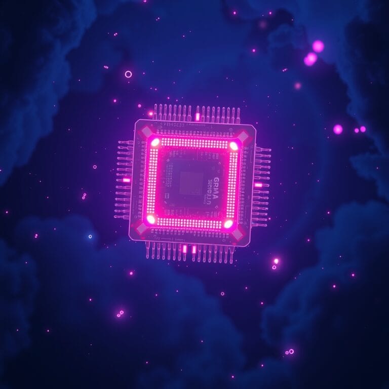 Illustration IA : puce géante flottante représentant NVIDIA Feynman 1nm