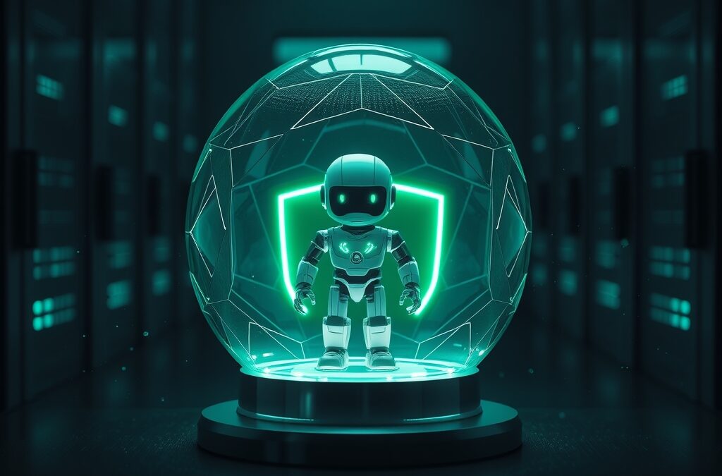 A translucent emerald green protective dome encapsulating a small glowing robotic agent figure, geometric shield patterns on the dome surface, dark server room background with teal and blue LED reflections, particles of light orbiting the dome, cinematic editorial photography, centered composition, subject in upper two-thirds, no text, no letters, no words, no writing, no signs, no labels, no watermarks, no logos, no typography, no numbers on surfaces