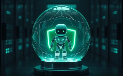 A translucent emerald green protective dome encapsulating a small glowing robotic agent figure, geometric shield patterns on the dome surface, dark server room background with teal and blue LED reflections, particles of light orbiting the dome, cinematic editorial photography, centered composition, subject in upper two-thirds, no text, no letters, no words, no writing, no signs, no labels, no watermarks, no logos, no typography, no numbers on surfaces